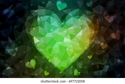 Dark Green, Red vector greeting Card Happy Valentine's Day. Lettering with hearts on the white polygonal background. Colored triangular illustration for your business.
