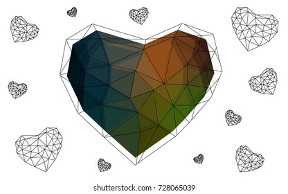 Dark Green, Red vector greeting Card Happy Valentine's Day. Lettering with hearts on the white polygonal background. Colored triangular illustration for your business.
