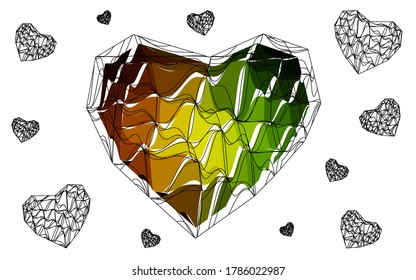 Verde oscuro, corazón vectorial rojo aislado en fondo blanco. Ilustración gráfica de gradiente de estilo de origami triangular de bajo polígono geométrico ruborizado. Diseño poligonal para su negocio.