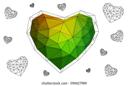 Dark Green, Red vector heart isolated on white background. Geometric rumpled triangular low poly origami style gradient graphic illustration. Polygonal design for your business.