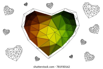 Dark Green, Red vector heart isolated on white background. Geometric rumpled triangular low poly origami style gradient graphic illustration. Polygonal design for your business.