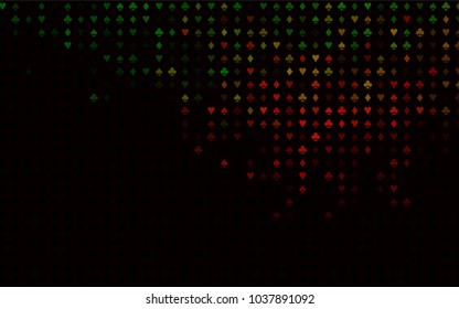 Dark Green, Red vector layout with elements of cards. Blurred decorative design of hearts, spades, clubs, diamonds. Smart design for your business advert of casinos.