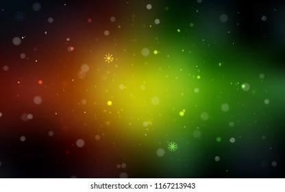 Dark Green, Red vector layout with bright snowflakes. Snow on blurred abstract background with gradient. New year design for your ad, poster, banner.