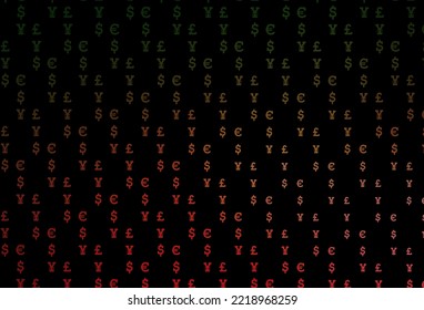 Diseño vectorial rojo, verde oscuro, con símbolos bancarios. Símbolos coloreados de todas las divisas sobre fondo blanco. Plantilla para anuncios de mercados, préstamos.