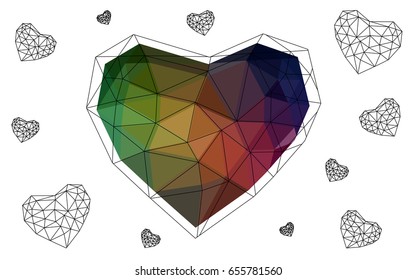 Dark Green, Red vector love background with heart. Paper note. Valentine's greeting polygonal card. Triangular illustration for your business. Stock template for your design.