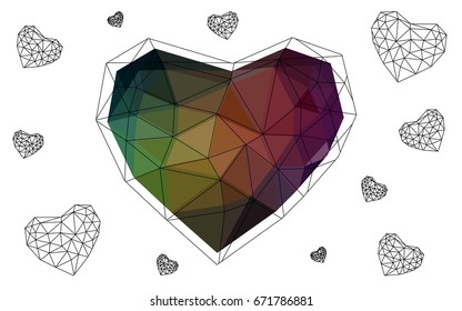 Dark Green, Red vector love background with heart. Paper note. Valentine's greeting polygonal card. Triangular illustration for your business. Stock template for your design.