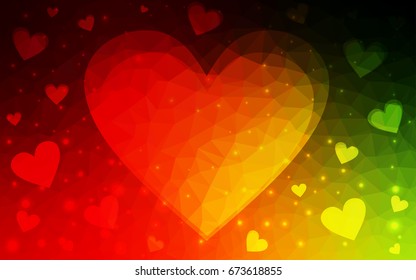 Dark Green, Red vector love background with heart. Paper note. Valentine's greeting polygonal card. Triangular illustration for your business. Stock template for your design.
