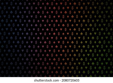 Dark green, red vector pattern with symbol of cards. Shining illustration with hearts, spades, clubs, diamonds. Smart design for your business advert of casinos.