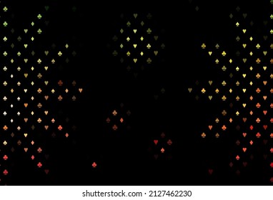 Dark green, red vector pattern with symbol of cards. Illustration with set of hearts, spades, clubs, diamonds. Design for ad, poster, banner of gambling websites.