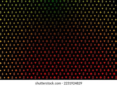 Dark green, red vector pattern with symbol of cards. Colorful gradient with signs of hearts, spades, clubs, diamonds. Design for ad, poster, banner of gambling websites.