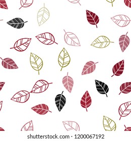 Dark Green, Red vector seamless abstract backdrop with leaves. A vague abstract illustration with leaves in doodles style. Template for business cards, websites.