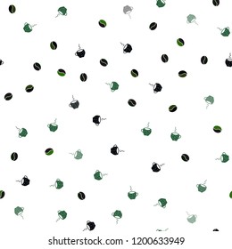 Dark Green, Red vector seamless background with coffee, beans. Colorful illustration with gradient coffee beans, mugs. Doodle design for your business advert of cafes.
