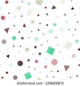 Dark Green, Red vector seamless layout with circles, lines, rectangles. Abstract illustration with colorful dots, lines, cubes. Trendy design for wallpaper, fabric makers.