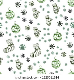 Dark Green, Red vector seamless background with xmas snowflakes, balls, socks, mittens. Colorful illustration with xmas symbols. Design for wallpaper, fabric makers.