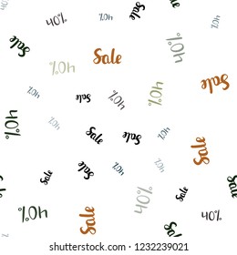 Dark Green, Red vector seamless texture with selling prices 40 %. Colored words of sales with gradient on white background. Pattern for ads, posters, banners of sales.