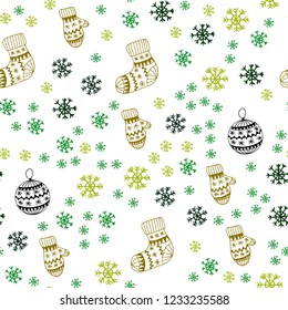 Dark Green, Red vector seamless cover with beautiful snowflakes, balls, socks, mittens. Shining colorful illustration in christmas style. Design for textile, fabric, wallpapers.