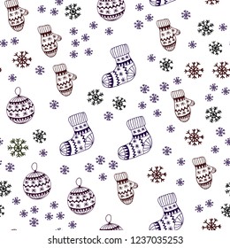 Dark Green, Red vector seamless texture with colored snowflakes, balls, socks, mittens. Modern geometric abstract illustration. Pattern for trendy fabric, wallpapers.