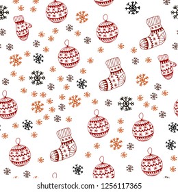 Dark Green, Red vector seamless cover with beautiful snowflakes, balls, socks, mittens. Colorful illustration with xmas symbols. Pattern for trendy fabric, wallpapers.