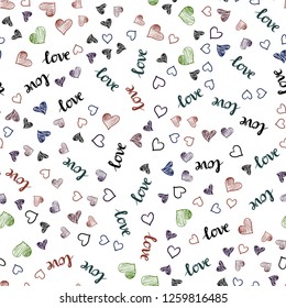Dark Green, Red vector seamless texture with words LOVE YOU, hearts. Design in doodle style with text LOVE YOU, hearts. Pattern for design of fabric, wallpapers.