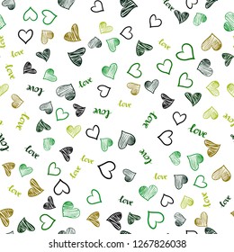Dark Green, Red vector seamless pattern with phrase LOVE YOU, hearts. Romantic illustration with colorful phrase LOVE YOU, hearts. Pattern for design of fabric, wallpapers.