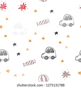 Dark Green, Red vector seamless layout in new year style. Design in xmas style with a toy car, baloon, candy, star, ball. Design for holiday adverts.
