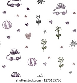 Dark Green, Red vector seamless background with xmas attributes. Abstract illustration with a toy car, heart, baloon, tulip, candy, ball. Template for new year postcards.