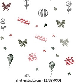 Dark Green, Red vector seamless layout in new year style. Abstract illustration with aheart, baloon, candy, gift, star, ribbon. Pattern for new year ads.