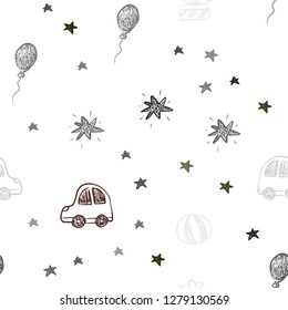 Dark Green, Red vector seamless texture in birthday style. Abstract illustration with a toy car, baloon, candy, star, ball. Design for holiday adverts.