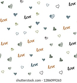 Dark Green, Red vector seamless pattern with phrase LOVE YOU, hearts. Illustration with words of love, hearts in abstract style. Texture for window blinds, curtains.