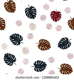 Dark Green, Red vector seamless doodle template with flowers, leaves. Colorful abstract illustration with leaves in doodle style. Pattern for design of fabric, wallpapers.