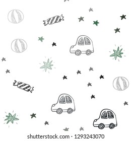 Dark Green, Red vector seamless template in carnival style. Illustration with a gradient toy car, baloon, candy, star, ball. Template for new year postcards.