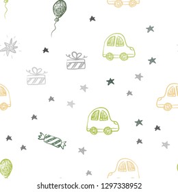 Dark Green, Red vector seamless pattern in christmas style. Illustration with a colorful toy car, baloon, candy, star, ball. Template for new year postcards.