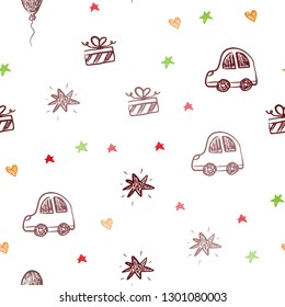 Dark Green, Red vector seamless backdrop with holiday gifts. Abstract illustration with a toy car, heart, baloon, tulip, candy, ball. Design for holiday adverts.
