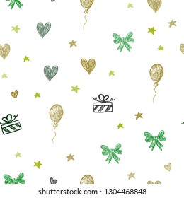 Dark Green, Red vector seamless texture in birthday style. Shining illustration with aheart, baloon, candy, gift, star, ribbon. Design for holiday adverts.