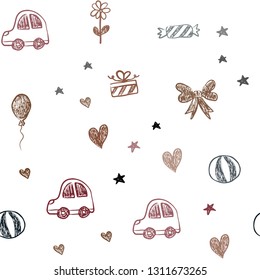Dark Green, Red vector seamless layout with new year gifts. Illustration with a colorful toy car, heart, baloon, tulip, candy, ball. Design for colorful commercials.