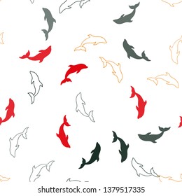 Dark Green, Red vector seamless pattern with sea dolphins. Isolated sea dolphins on white background. Template for natural magazines.