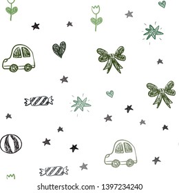 Dark Green, Red vector seamless pattern with christmas toys. Illustration with a gradient toy car, heart, baloon, tulip, candy, ball. Template for new year postcards.