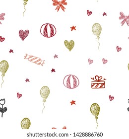 Dark Green, Red vector seamless background in xmas style. Abstract illustration with aheart, baloon, candy, gift, star, ribbon. Pattern for new year ads.