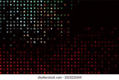Dark Green, Red vector template with poker symbols. Shining illustration with hearts, spades, clubs, diamonds. Design for ad, poster, banner of gambling websites.