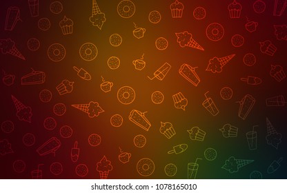Dark Green, Red vector template with sweet snacks. Decorative shining illustration with sweets on abstract template. Pattern for menu of cafes and restaurants.