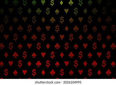 Dark green, red vector template with poker symbols. Glitter abstract sketch with isolated symbols of playing cards. Pattern for leaflets of poker games, events.