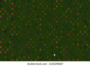 Dark green, red vector template with poker symbols. Colored illustration with hearts, spades, clubs, diamonds. Smart design for your business advert of casinos.