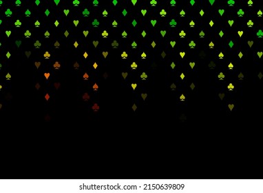 Dark green, red vector template with poker symbols. Colored illustration with hearts, spades, clubs, diamonds. Template for business cards of casinos.