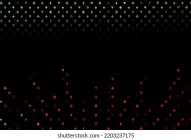 Dark green, red vector template with poker symbols. Shining illustration with hearts, spades, clubs, diamonds. Smart design for your business advert of casinos.