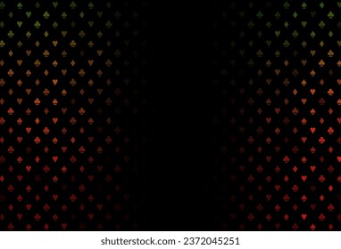 Dark green, red vector template with poker symbols. Illustration with set of hearts, spades, clubs, diamonds. Pattern for ads of parties, events in Vegas.