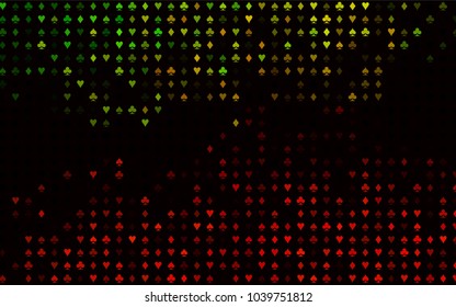 Dark Green, Red vector texture with playing cards. Glitter abstract sketch with isolated symbols of playing cards. Pattern for booklets, leaflets of gambling houses.