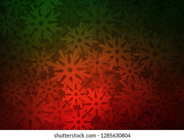 Dark Green, Red vector texture with colored snowflakes. Shining colored illustration with snow in christmas style. New year design for your ad, poster, banner.