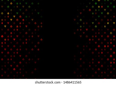 Dark Green, Red vector texture with playing cards. Blurred decorative design of hearts, spades, clubs, diamonds. Pattern for leaflets of poker games, events.