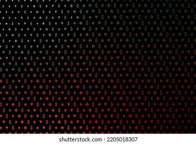 Dark green, red vector texture with playing cards. Colored illustration with hearts, spades, clubs, diamonds. Smart design for your business advert of casinos.