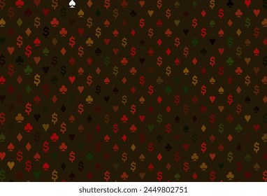 Dark green, red vector texture with playing cards. Glitter abstract sketch with isolated symbols of playing cards. Pattern for leaflets of poker games, events.